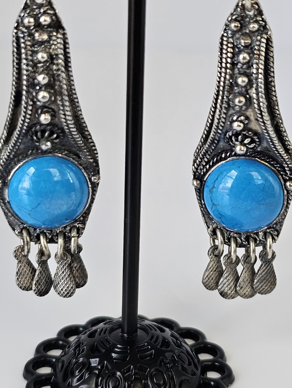 Vintage 950 Silver Turquoise Chandelier Earrings, Heavy 16g Artisan Handmade - Picture 4 of 8